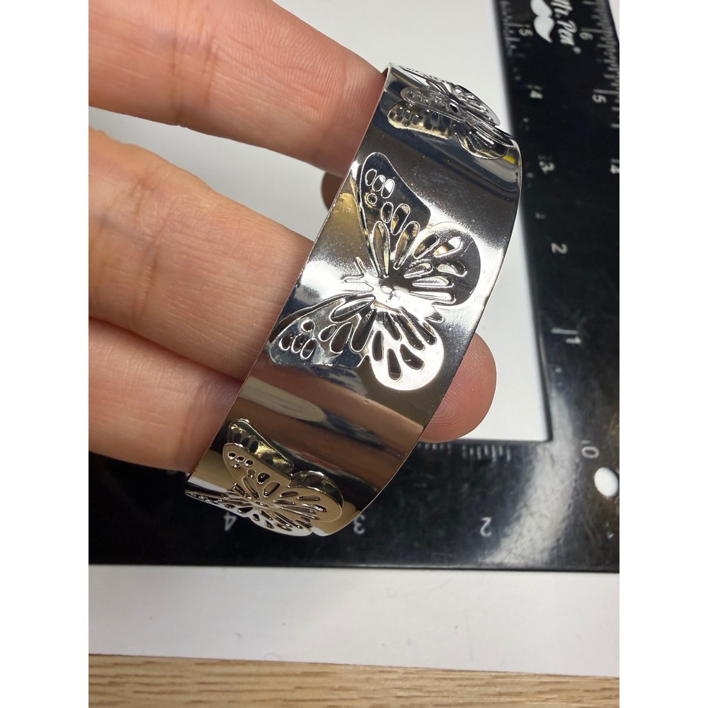 Silver Tone Butterfly Cuff Bracelet Wide High Shine Openwork Statement Bangle